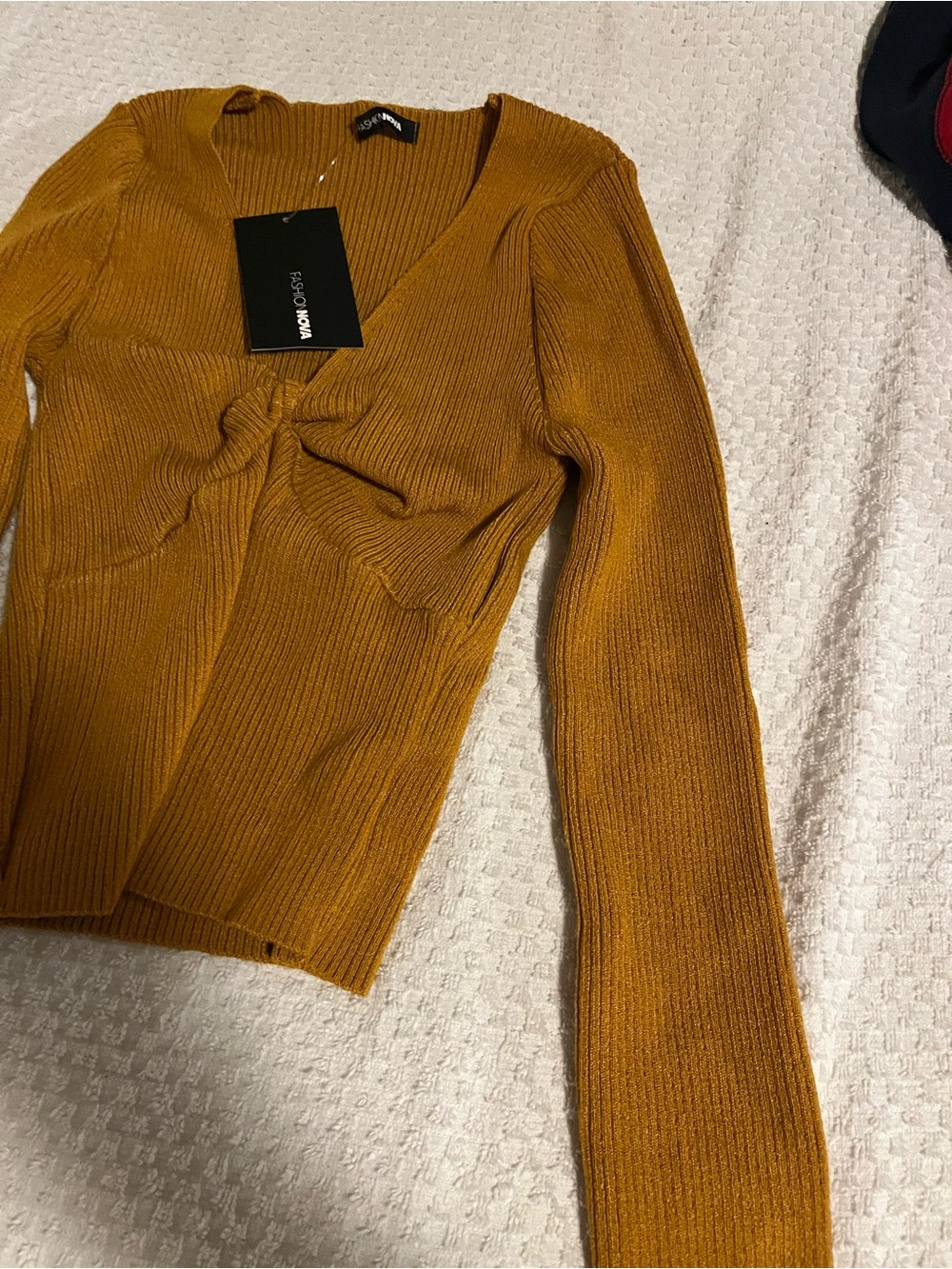 Fashion Nova Twist-Front V-Neck Ribbed Sweater - Mustard